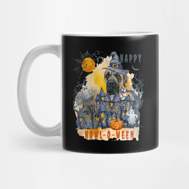 English Mastiff Happy Howl-o-ween Ghost Houses Funny Watercolor by Sniffist Gang